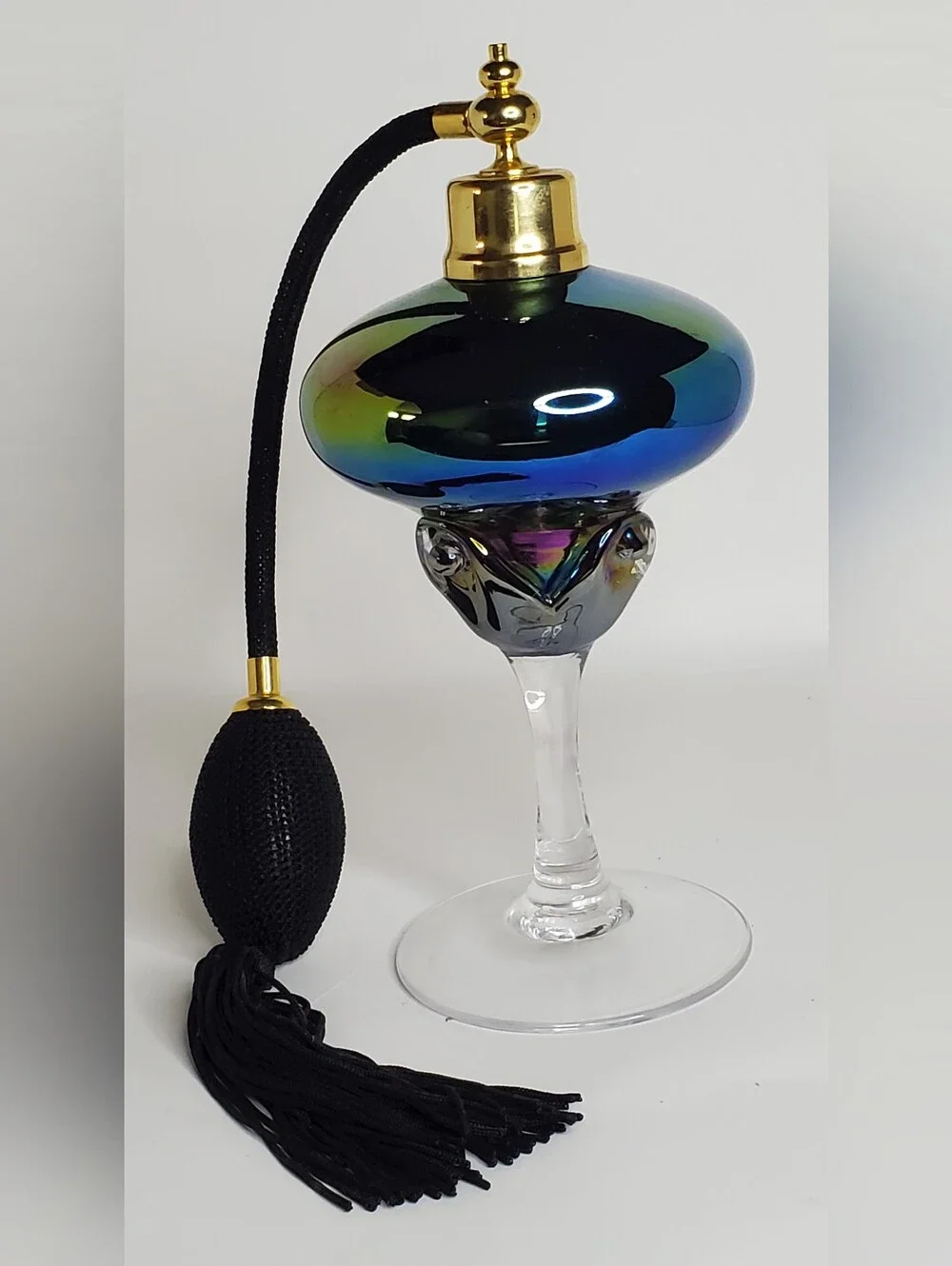 Vintage Iridescent Art Glass Perfume Bottle On Stem With Black Tassle Atomizer